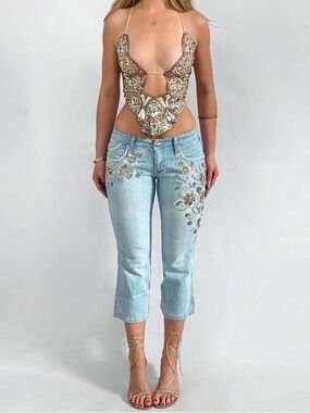 Light Blue Embroidered Cropped Women’s Jeans